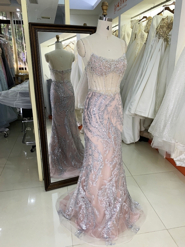 Wholesale new rose gold corset beading see through mermaid glitter zipper up back prom dresses