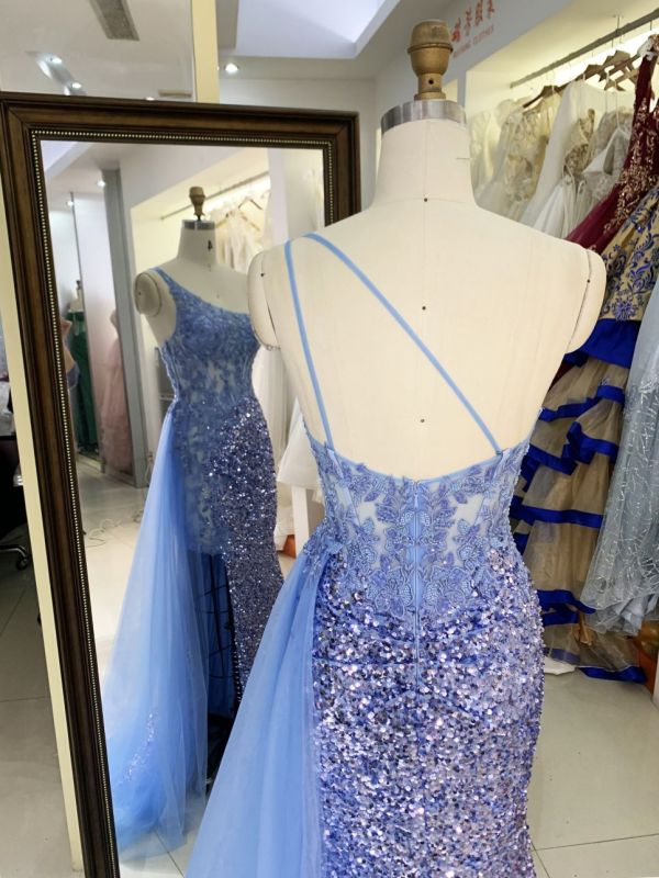 Wholesale dusty blue one shoulder embroidery sequin side slit corset mermaid zipper up back long gown evening prom dress 2025