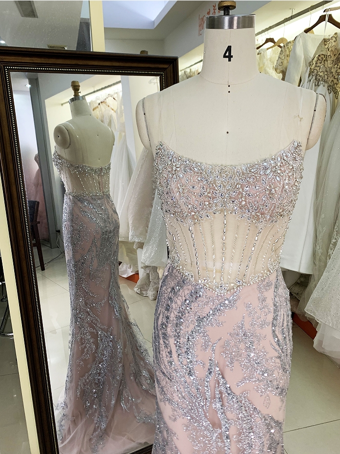 Wholesale new rose gold corset beading see through mermaid glitter zipper up back prom dresses