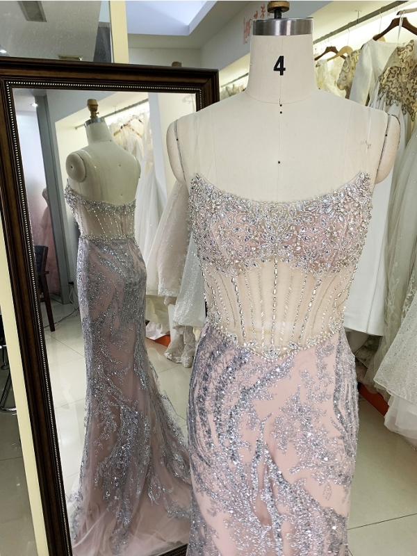 Wholesale new rose gold corset beading see through mermaid glitter zipper up back prom dresses