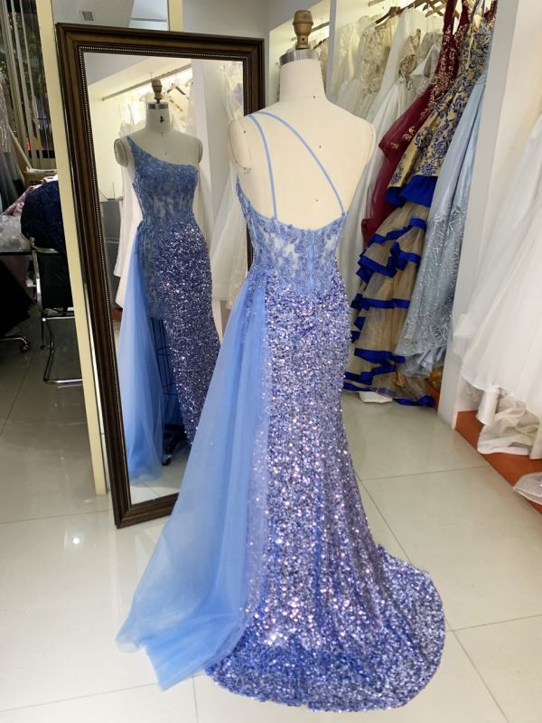 Wholesale dusty blue one shoulder embroidery sequin side slit corset mermaid zipper up back long gown evening prom dress 2025