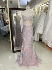 Wholesale new rose gold corset beading see through mermaid glitter zipper up back prom dresses