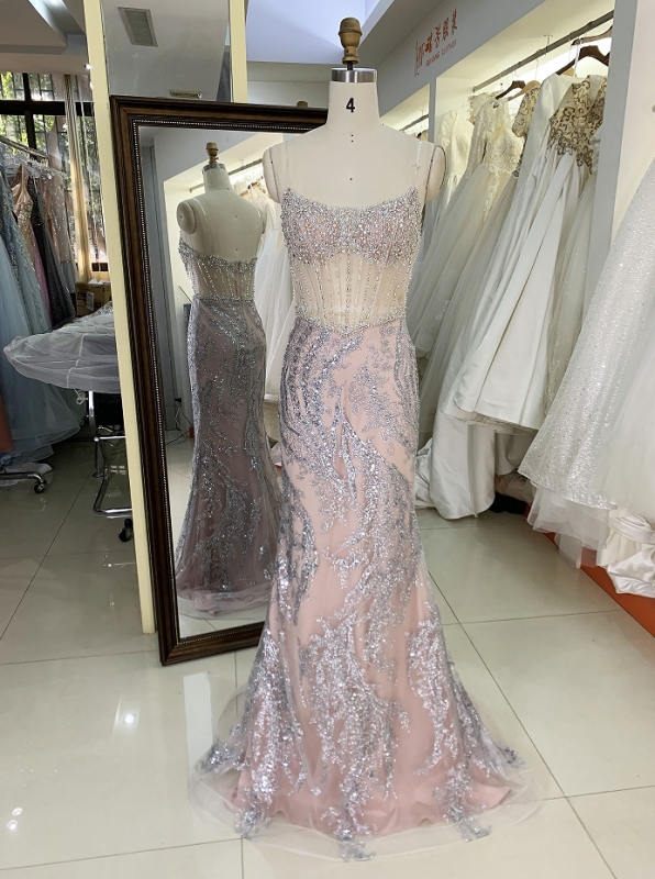 Wholesale new rose gold corset beading see through mermaid glitter zipper up back prom dresses