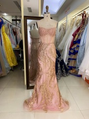 Wholesale new rose gold corset beading see through mermaid glitter zipper up back prom dresses