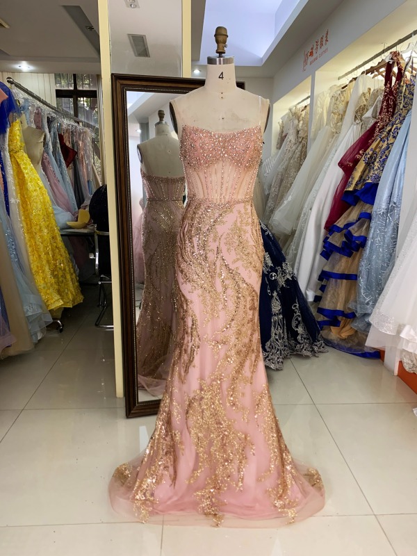 Wholesale new rose gold corset beading see through mermaid glitter zipper up back prom dresses