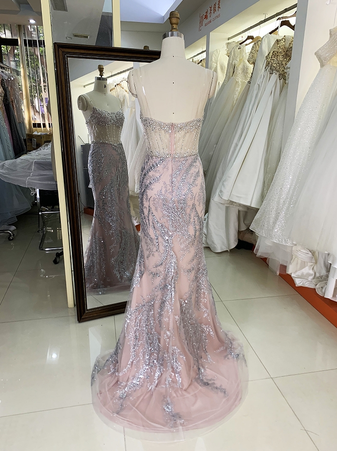 Wholesale new rose gold corset beading see through mermaid glitter zipper up back prom dresses