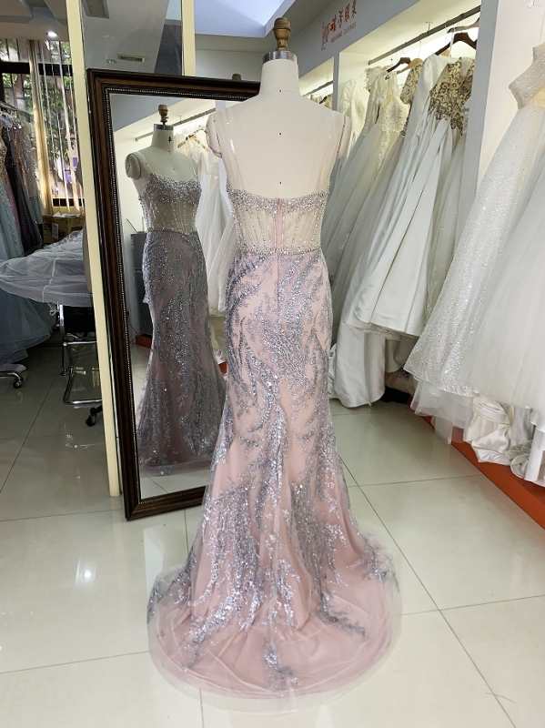 Wholesale new rose gold corset beading see through mermaid glitter zipper up back prom dresses