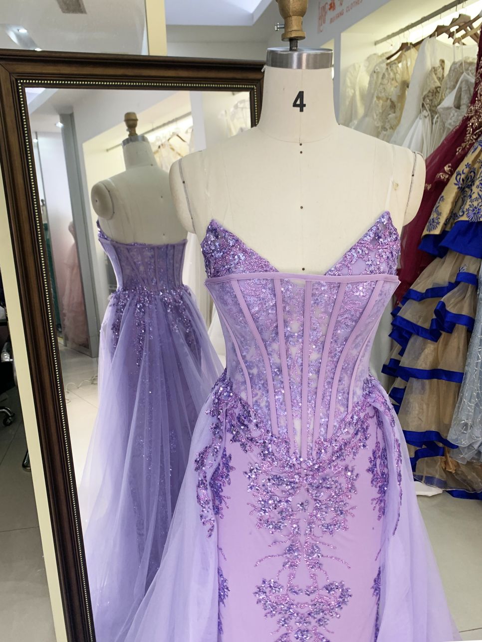 Wholesale lilac sweetheart glitter corset tulle overskirt mermaid zipper up back long gown evening prom dress 2025