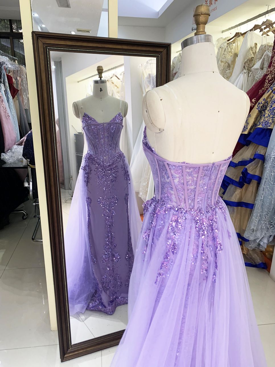 Wholesale lilac sweetheart glitter corset tulle overskirt mermaid zipper up back long gown evening prom dress 2025