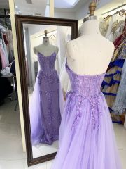 Wholesale lilac sweetheart glitter corset tulle overskirt mermaid zipper up back long gown evening prom dress 2025