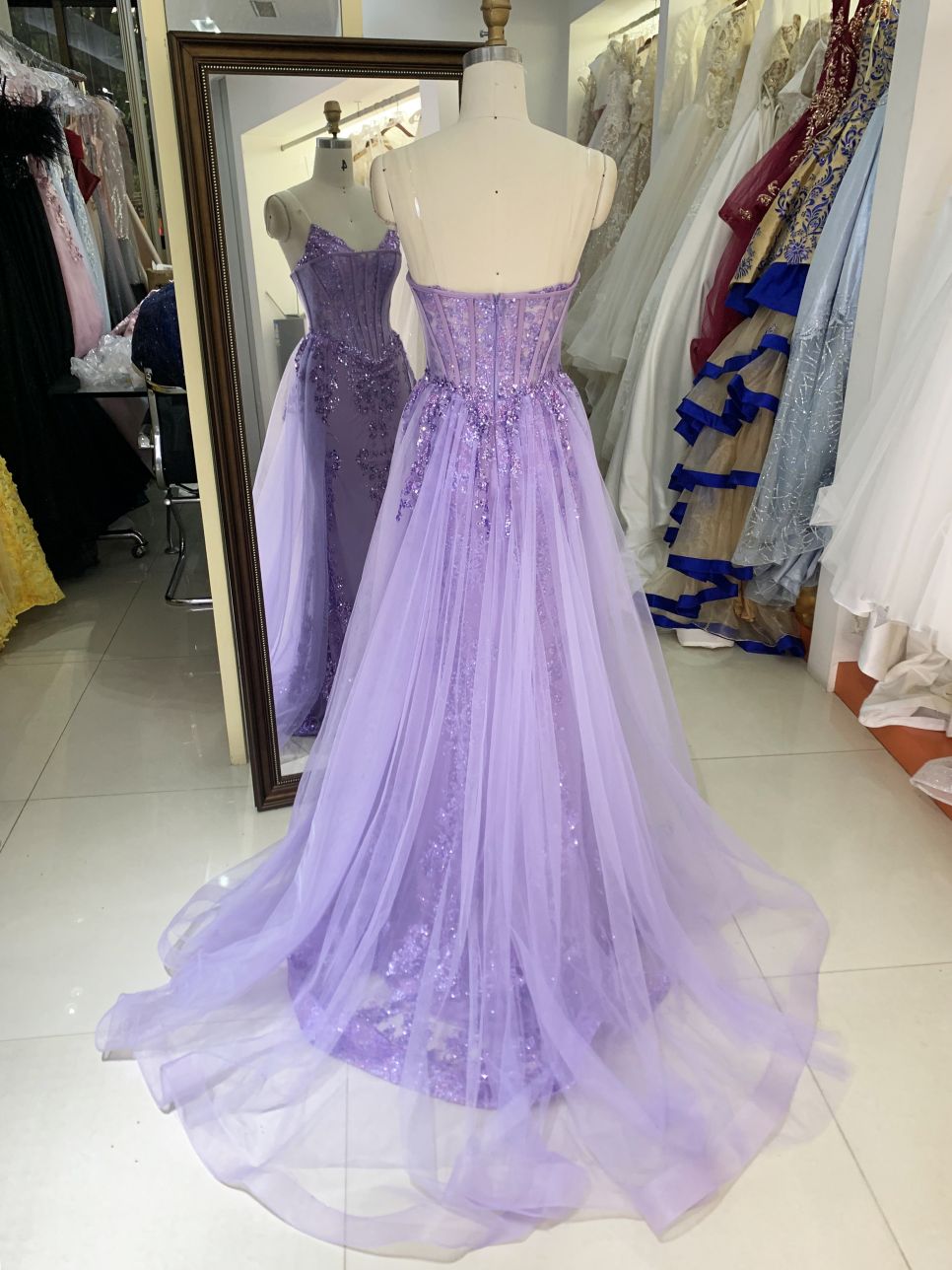 Wholesale lilac sweetheart glitter corset tulle overskirt mermaid zipper up back long gown evening prom dress 2025