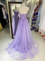 Wholesale lilac sweetheart glitter corset tulle overskirt mermaid zipper up back long gown evening prom dress 2025