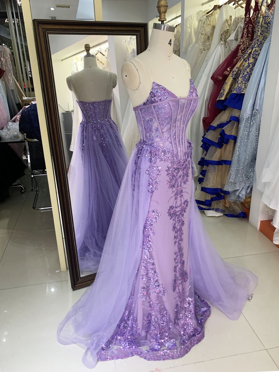 Wholesale lilac sweetheart glitter corset tulle overskirt mermaid zipper up back long gown evening prom dress 2025