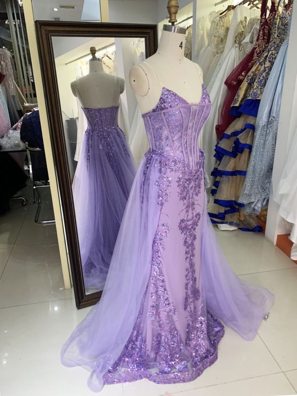 Wholesale lilac sweetheart glitter corset tulle overskirt mermaid zipper up back long gown evening prom dress 2025