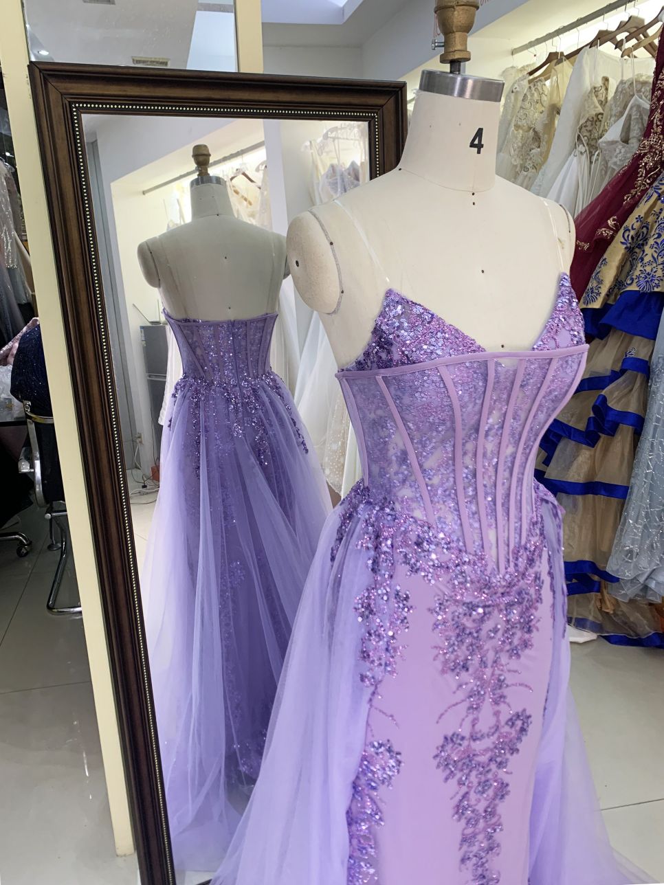 Wholesale lilac sweetheart glitter corset tulle overskirt mermaid zipper up back long gown evening prom dress 2025