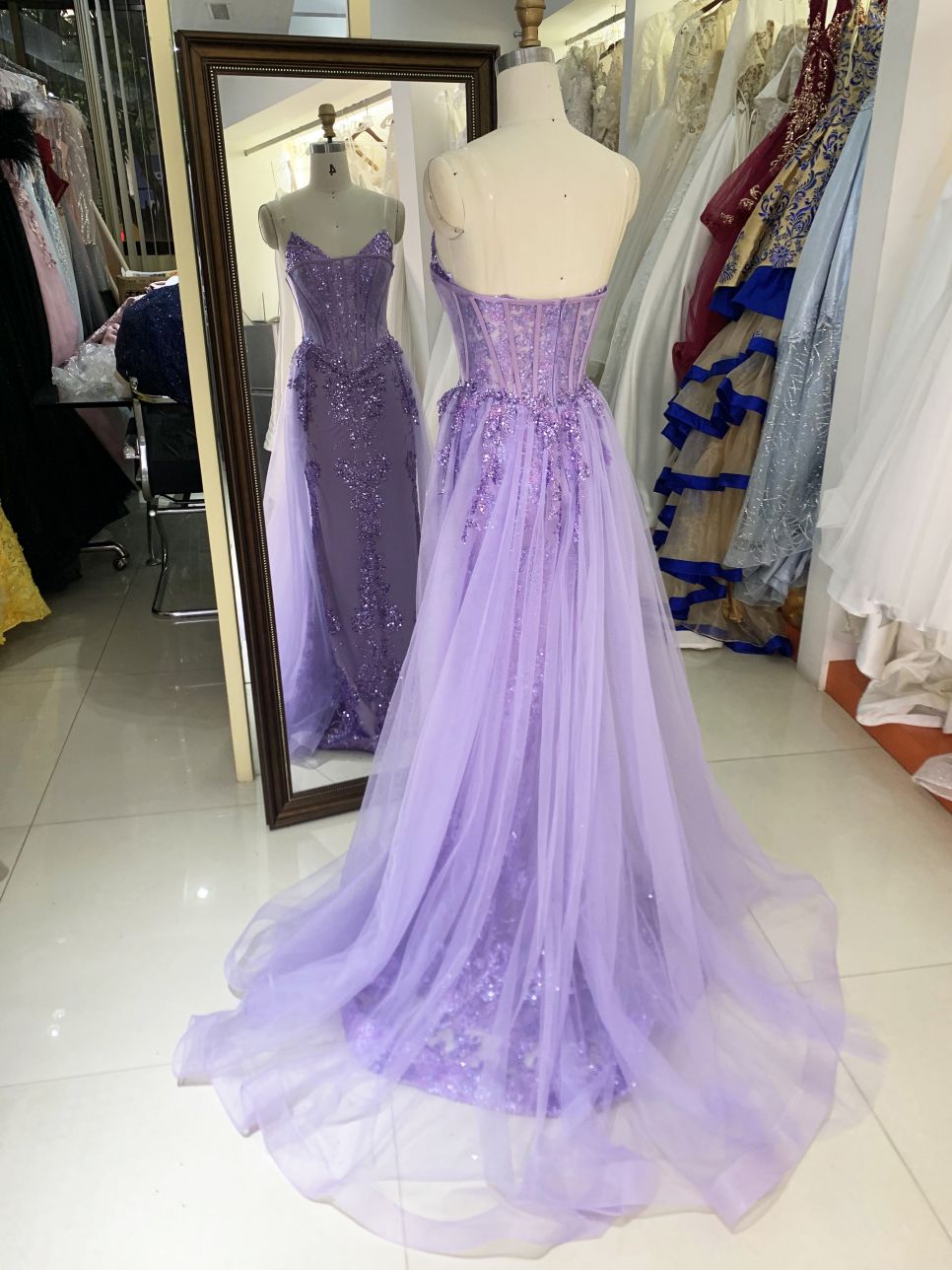 Wholesale lilac sweetheart glitter corset tulle overskirt mermaid zipper up back long gown evening prom dress 2025