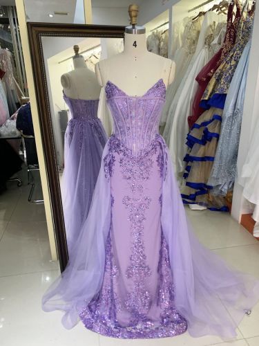 Wholesale lilac sweetheart glitter corset tulle overskirt mermaid zipper up back long gown evening prom dress 2025