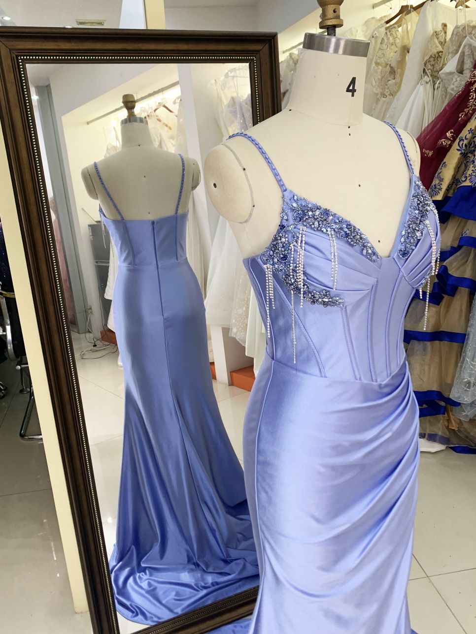 New beading tassels wholesale blue long gowns evening dresses for prom dress satin