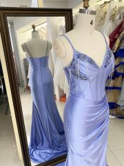 New beading tassels wholesale blue long gowns evening dresses for prom dress satin