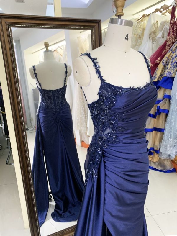 2025 New beading wholesale elegant long gowns navy evening dresses for prom dress girl