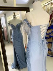 Dusty blue off shoulder corset rhinestone shiny jersey mermaid hand pleated long gown evening prom dress 2025