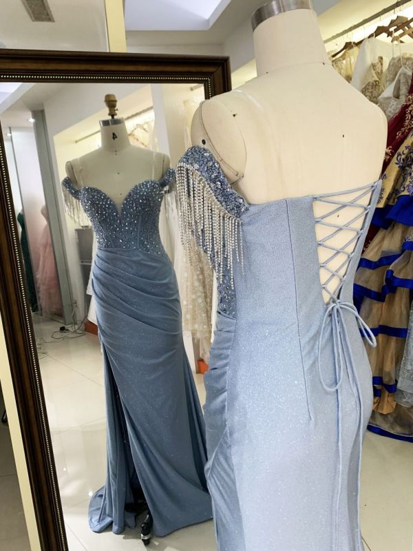 Dusty blue off shoulder corset rhinestone shiny jersey mermaid hand pleated long gown evening prom dress 2025