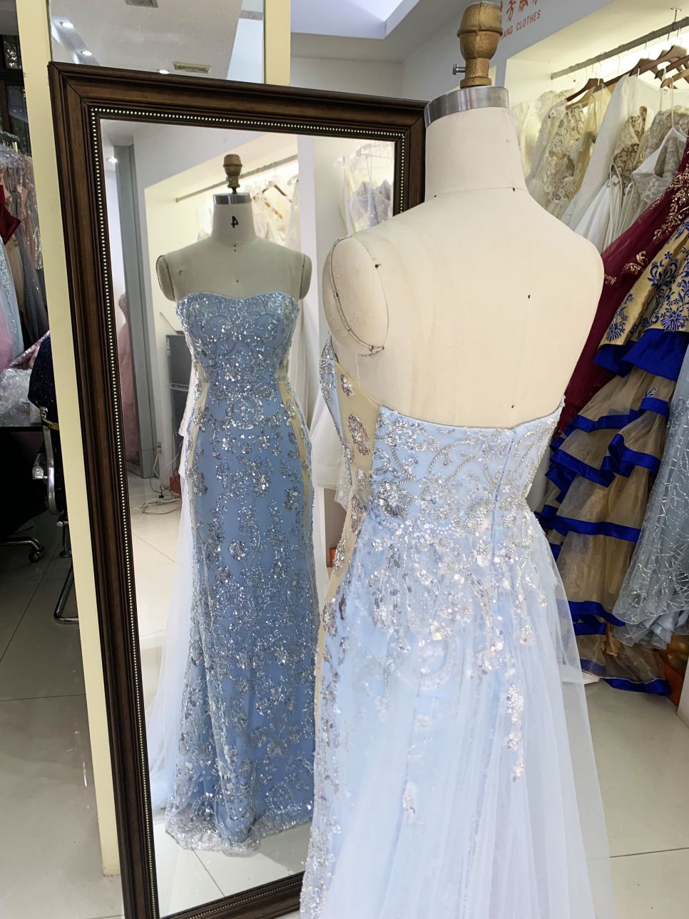 light blue sweetheart corset sequin mermaid overskirt glitter mermaid zipper up back long gown evening prom dress 2025