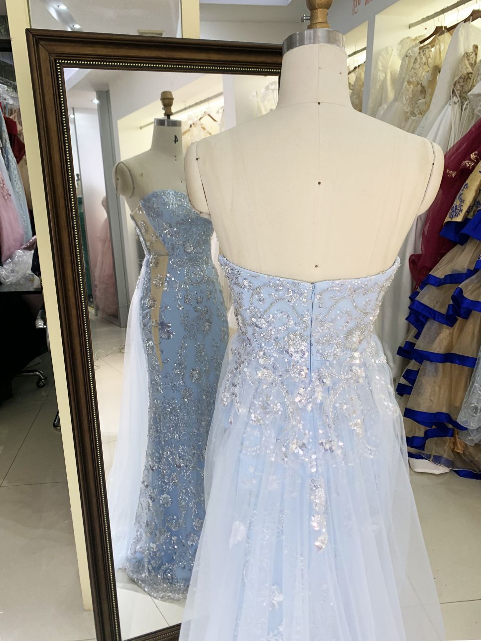 light blue sweetheart corset sequin mermaid overskirt glitter mermaid zipper up back long gown evening prom dress 2025