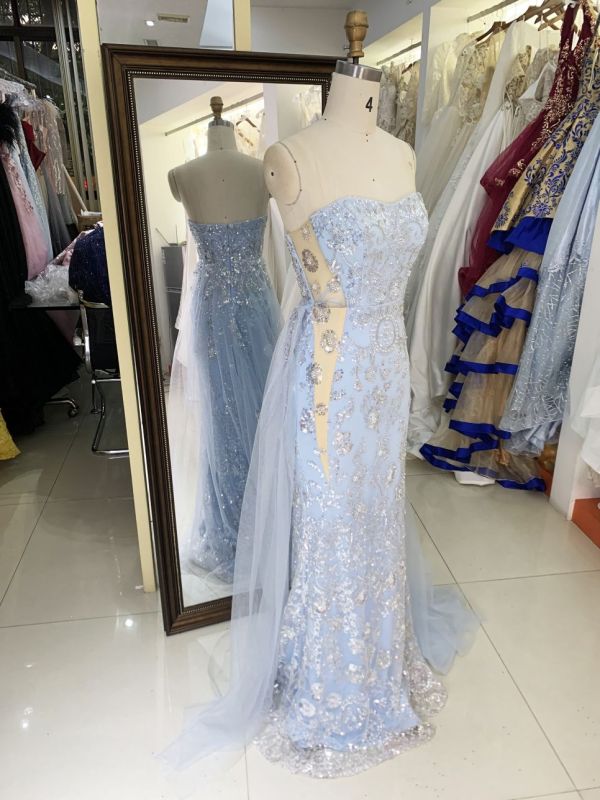 light blue sweetheart corset sequin mermaid overskirt glitter mermaid zipper up back long gown evening prom dress 2025