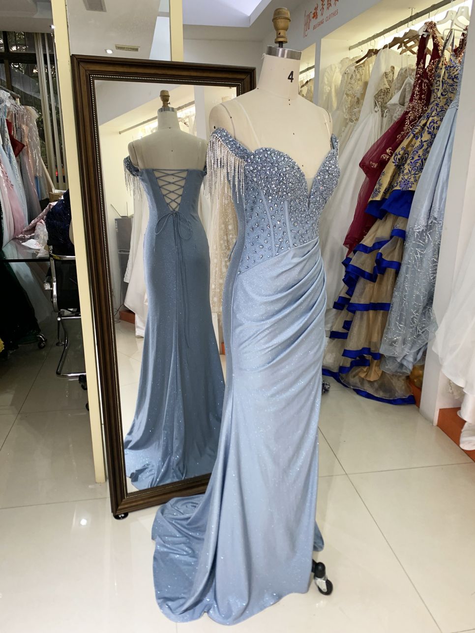 Dusty blue off shoulder corset rhinestone shiny jersey mermaid hand pleated long gown evening prom dress 2025