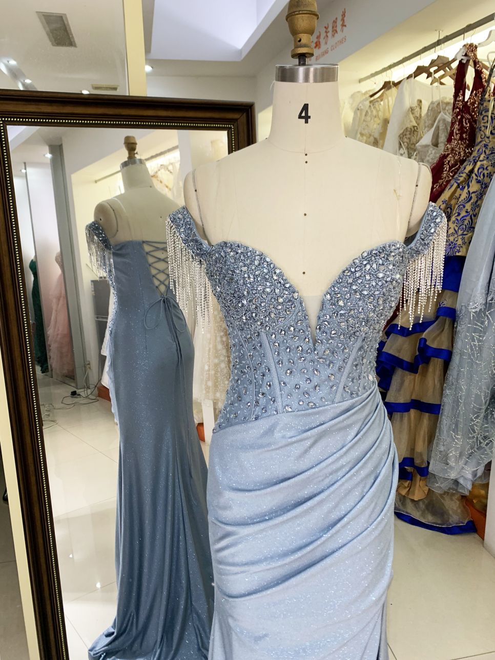 Dusty blue off shoulder corset rhinestone shiny jersey mermaid hand pleated long gown evening prom dress 2025