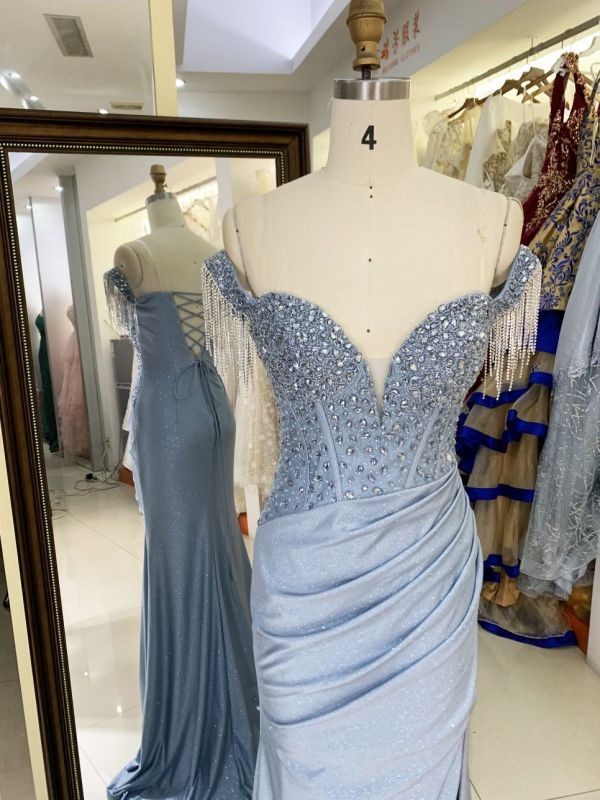 Dusty blue off shoulder corset rhinestone shiny jersey mermaid hand pleated long gown evening prom dress 2025