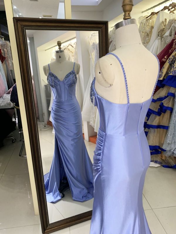 New beading tassels wholesale blue long gowns evening dresses for prom dress satin