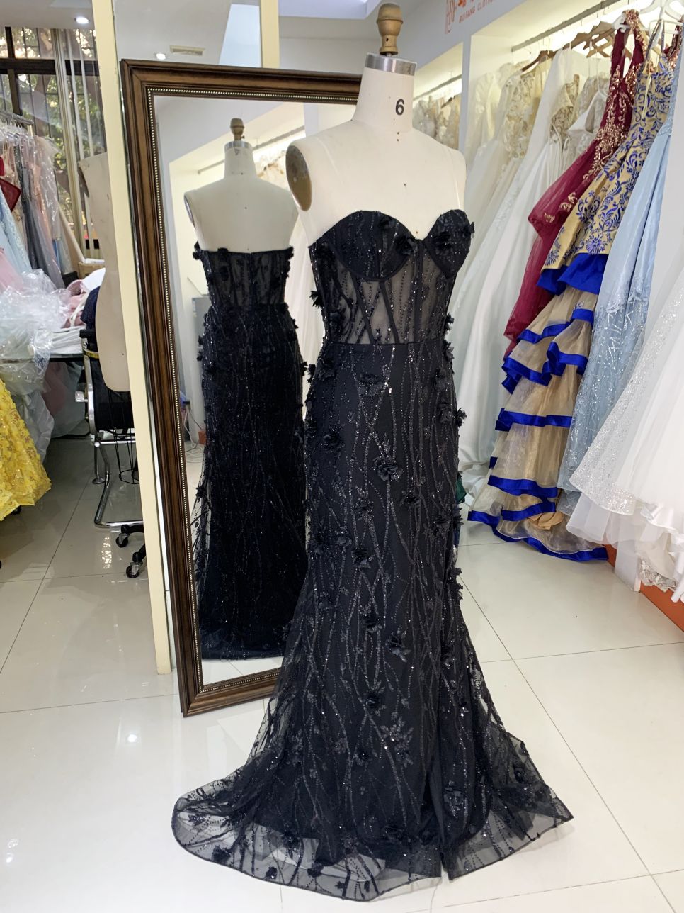 New glitter 3D floral sweetheart mermaid wholesale long gowns girl dress prom 2025