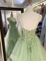 Wholesale corset mint green embroidery tulle ruffle skirt sleeveless zipper up back A line prom evening dresses 2025
