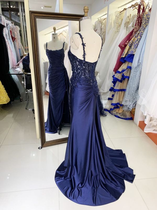 2025 New beading wholesale elegant long gowns navy evening dresses for prom dress girl