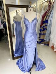 New beading tassels wholesale blue long gowns evening dresses for prom dress satin