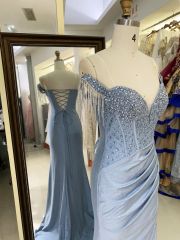 Dusty blue off shoulder corset rhinestone shiny jersey mermaid hand pleated long gown evening prom dress 2025