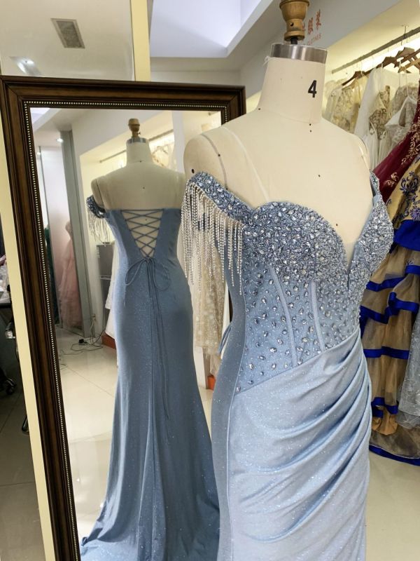 Dusty blue off shoulder corset rhinestone shiny jersey mermaid hand pleated long gown evening prom dress 2025