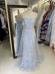 light blue sweetheart corset sequin mermaid overskirt glitter mermaid zipper up back long gown evening prom dress 2025