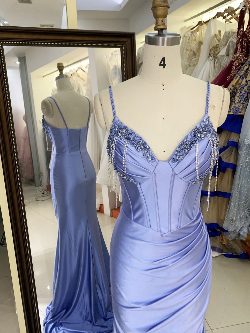 New beading tassels wholesale blue long gowns evening dresses for prom dress satin
