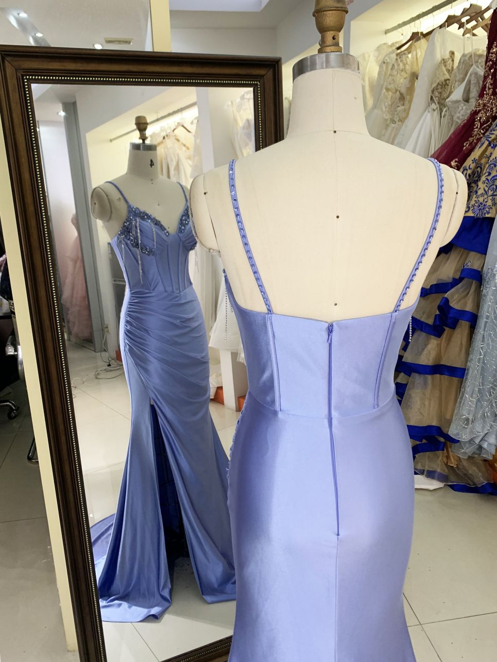 New beading tassels wholesale blue long gowns evening dresses for prom dress satin