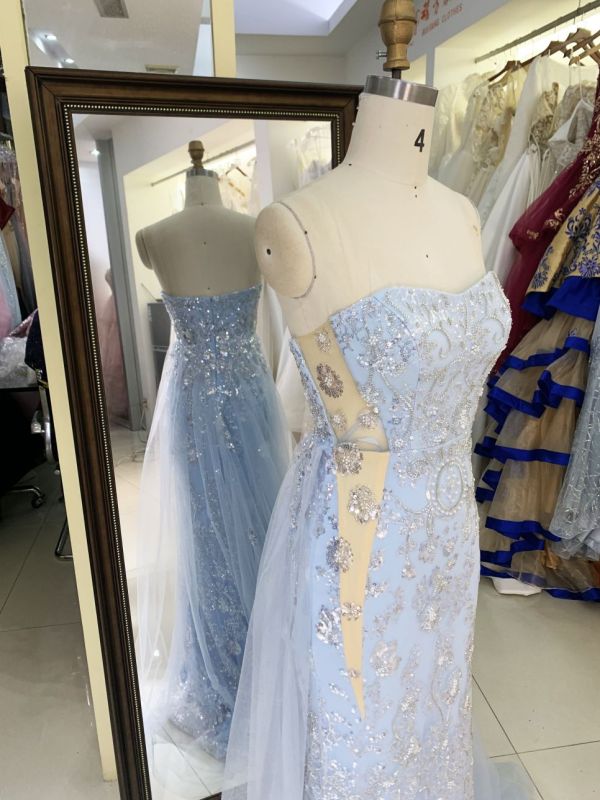 light blue sweetheart corset sequin mermaid overskirt glitter mermaid zipper up back long gown evening prom dress 2025