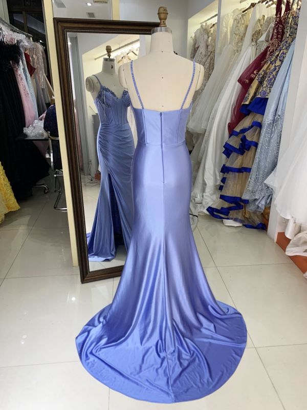 New beading tassels wholesale blue long gowns evening dresses for prom dress satin