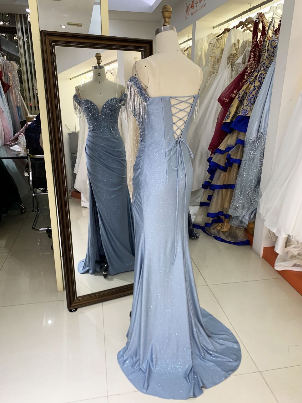 Dusty blue off shoulder corset rhinestone shiny jersey mermaid hand pleated long gown evening prom dress 2025