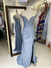 Dusty blue off shoulder corset rhinestone shiny jersey mermaid hand pleated long gown evening prom dress 2025