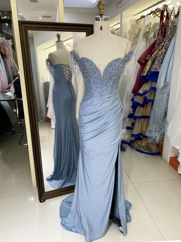 Dusty blue off shoulder corset rhinestone shiny jersey mermaid hand pleated long gown evening prom dress 2025