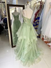Wholesale corset mint green embroidery tulle ruffle skirt sleeveless zipper up back A line prom evening dresses 2025
