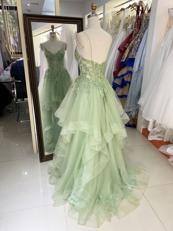 Wholesale corset mint green embroidery tulle ruffle skirt sleeveless zipper up back A line prom evening dresses 2025