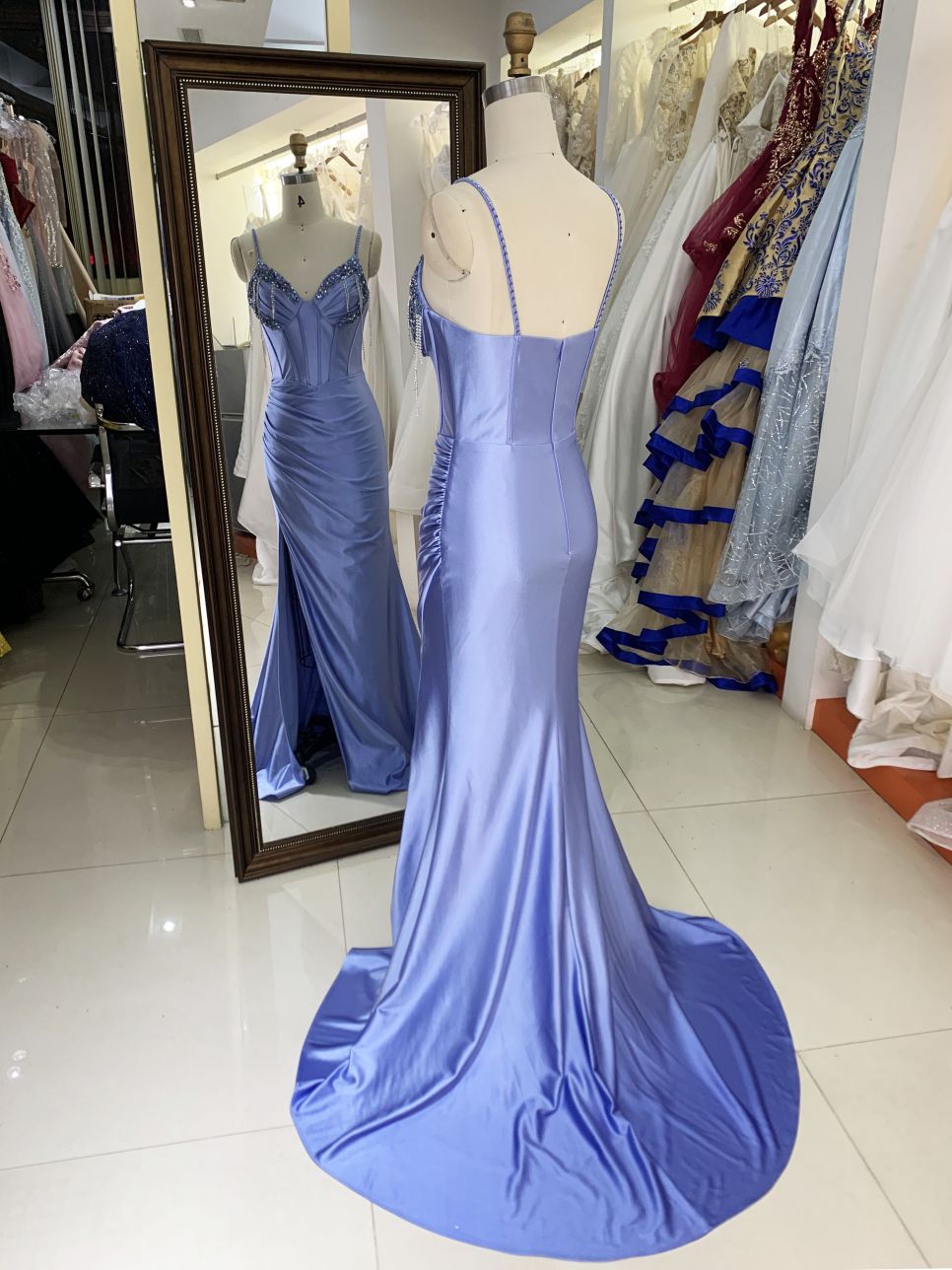 New beading tassels wholesale blue long gowns evening dresses for prom dress satin